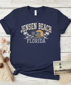 Jensen Beach Est. 1881 Florida vintage t-shirt design with palm trees and ocean waves
