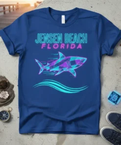 Jensen Beach Florida neon text with a geometric shark graphic on a navy blue t-shirt