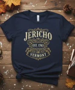 Jericho Vermont Est 1763 vintage design on a navy t-shirt