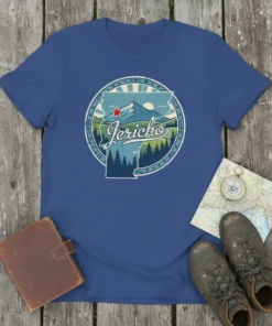 Jericho Vermont t-shirt with circular mountain landscape design and text "Jericho VT"