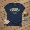 Navy t-shirt featuring "Jersey Shore Roller Derby" text with rainbow wings and roller skates graphic