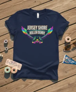 Navy t-shirt featuring "Jersey Shore Roller Derby" text with rainbow wings and roller skates graphic