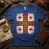Jerusalem Cross Shirt with a distressed red and white background, featuring a detailed golden cross design