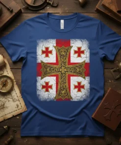 Jerusalem Cross Shirt with a distressed red and white background, featuring a detailed golden cross design