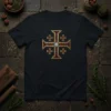 Jerusalem Cross symbol design on a black t-shirt, featuring intricate golden and red pixelated cross with a white center