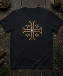 Jerusalem Cross symbol design on a black t-shirt, featuring intricate golden and red pixelated cross with a white center