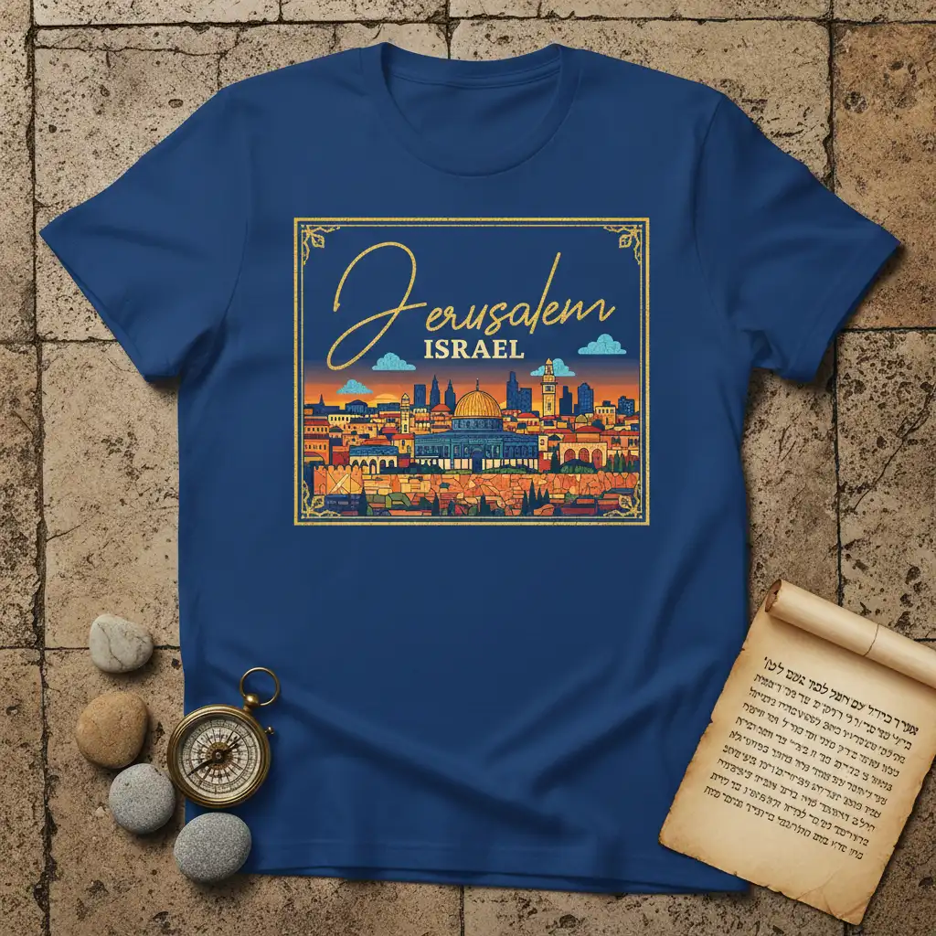 Vibrant Jerusalem Israel skyline illustration with Dome of the Rock on a t-shirt