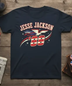 Jesse Jackson '88 campaign t-shirt with eagle graphic and retro American flag elements