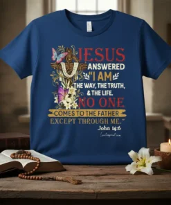 Jesus Answered "I Am text design featuring stylish typography on quality t-shirt