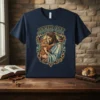 Jesus Cat t-shirt design featuring Jesus holding an orange cat within an ornate frame, with "JESUS CAT" text above