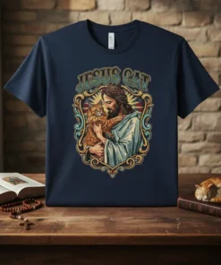Jesus Cat t-shirt design featuring Jesus holding an orange cat within an ornate frame, with "JESUS CAT" text above