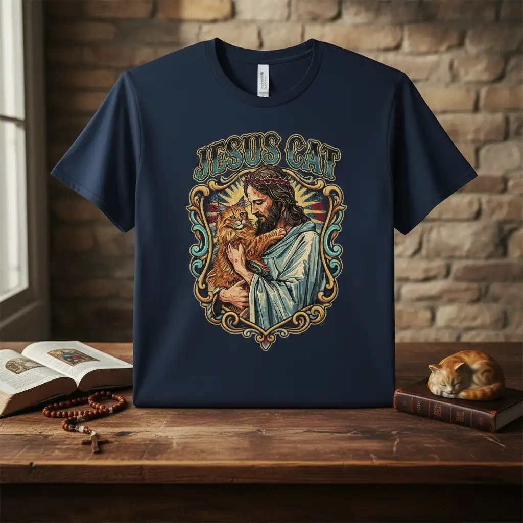 Jesus Cat graphic tee with Jesus holding a fluffy cat, spiritual animal lover design