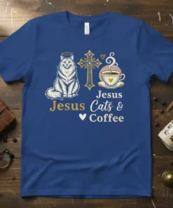 Jesus Cats & Coffee t-shirt design featuring a fluffy cat, a golden cross, and a steaming coffee cup