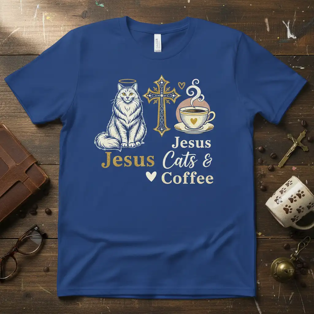 Jesus Cats & Coffee Christian t-shirt with cat, cross, and coffee cup graphics