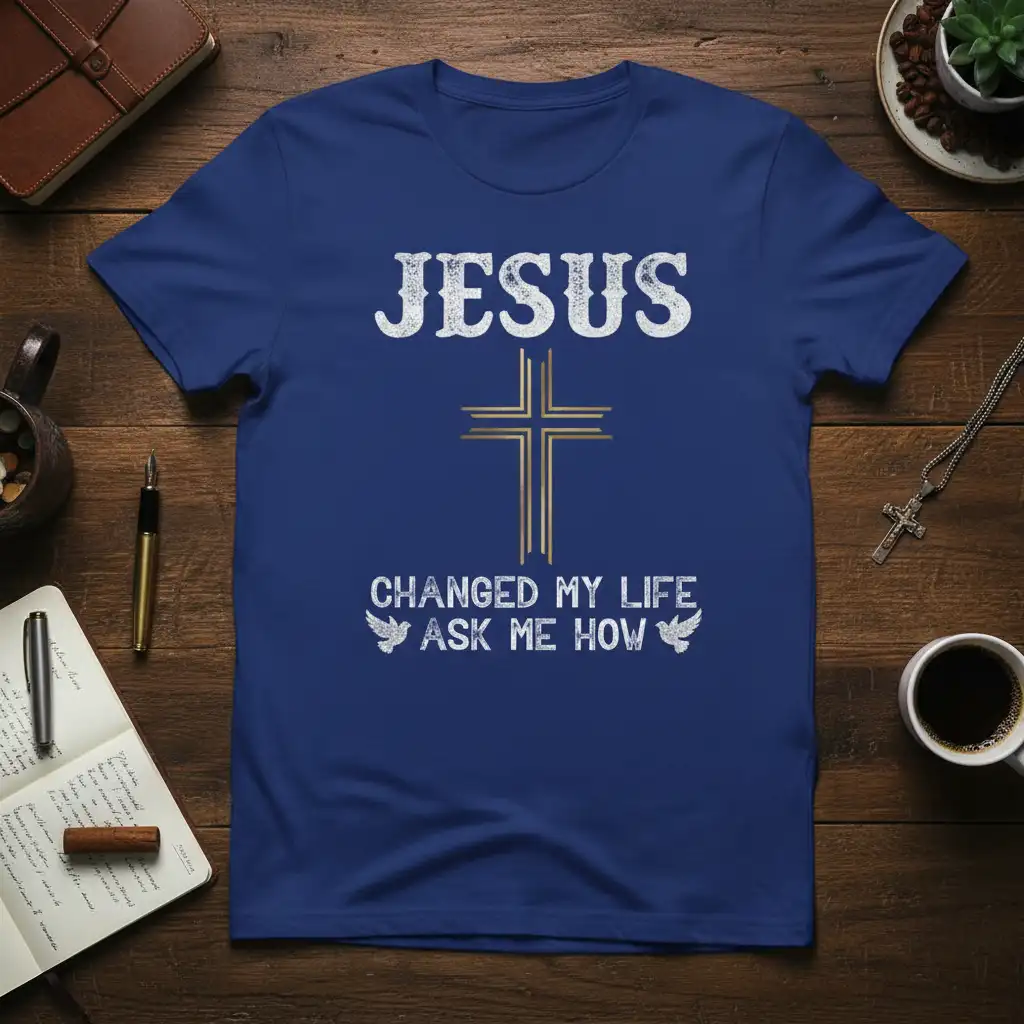 Jesus Changed My Life Ask Me How quote t-shirt with golden cross and dove graphic