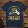 Jesus Christ Is King Trump Is My President T-Shirt featuring American flag, eagle, and cross graphic