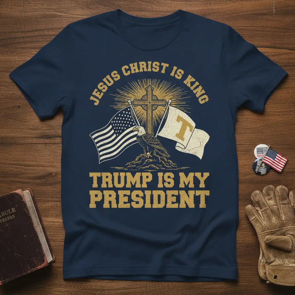 Jesus Christ Is King Trump Is My President patriotic t-shirt design with eagle and flags