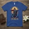 Jesus Christ T-Shirt with the name 'Jesus' in golden ornate font, depicting Jesus with arms outstretched amidst clouds