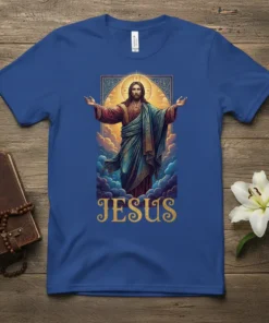 Jesus Christ T-Shirt with the name 'Jesus' in golden ornate font, depicting Jesus with arms outstretched amidst clouds