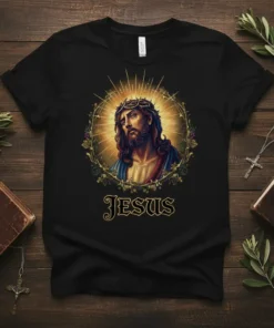 Jesus Christ t-shirt design featuring a portrait of Jesus wearing a crown of thorns and the text JESUS below