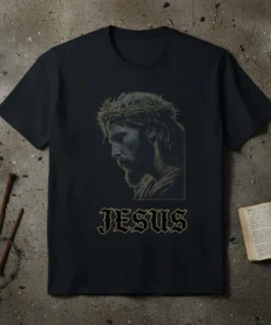 Jesus Christ T-Shirt with a profile portrait of Jesus wearing a crown of thorns and the word JESUS below in