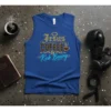 Jesus Coffee & Kick Boxing design on a blue tank top, featuring gold and teal typography with a coffee cup