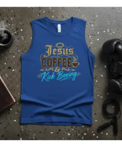 Jesus Coffee & Kick Boxing design on a blue tank top, featuring gold and teal typography with a coffee cup