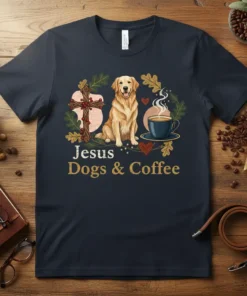 Jesus Dogs & Coffee t-shirt design with golden retriever, cross, and coffee cup graphic