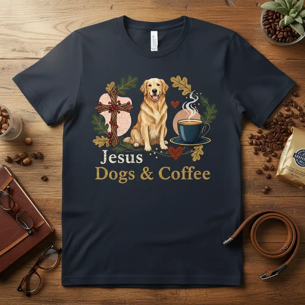 Jesus Dogs & Coffee graphic tee featuring a golden retriever, cross, and coffee cup illustration