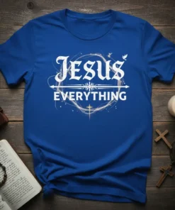 Jesus Everything Christian T-Shirt with decorative font and cross graphic
