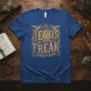 Jesus Freak t-shirt with ornate gold and red lettering and angelic figures