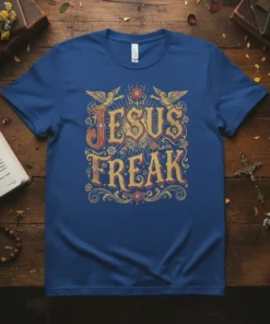 Jesus Freak t-shirt with ornate gold and red lettering and angelic figures