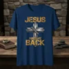 Jesus Has My Back Christian T-Shirt with a metallic cross and chain graphic, featuring distressed gold lettering