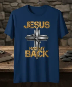 Jesus Has My Back Christian T-Shirt with a metallic cross and chain graphic, featuring distressed gold lettering