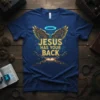 Jesus Has Your Back Christian T-Shirt with golden wings, halo, and broken chains graphic