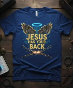 Jesus Has Your Back Christian T-Shirt with golden wings, halo, and broken chains graphic