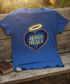 Blue t-shirt with "Jesus Heals" text inside a broken heart graphic and a golden halo above