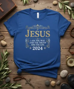 Jesus I Am The Way And The Truth And The Life 2024 text design on a blue t-shirt, featuring golden