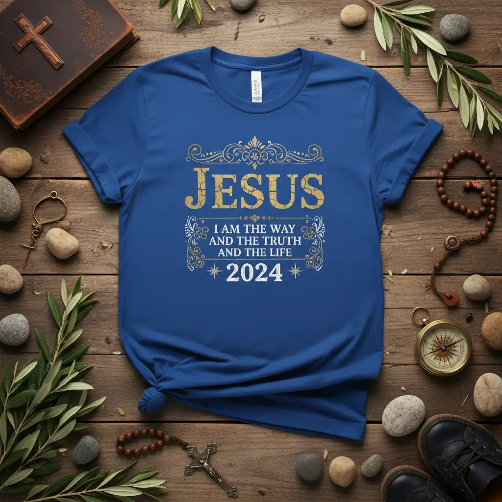 Jesus I Am The Way And The Truth And The Life 2024 quote design on a blue t-shirt, with elegant gold typography