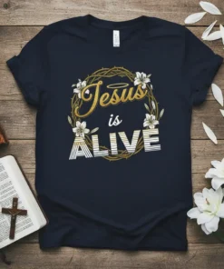 Jesus is ALIVE Christian t-shirt with gold text, halo, and floral wreath design