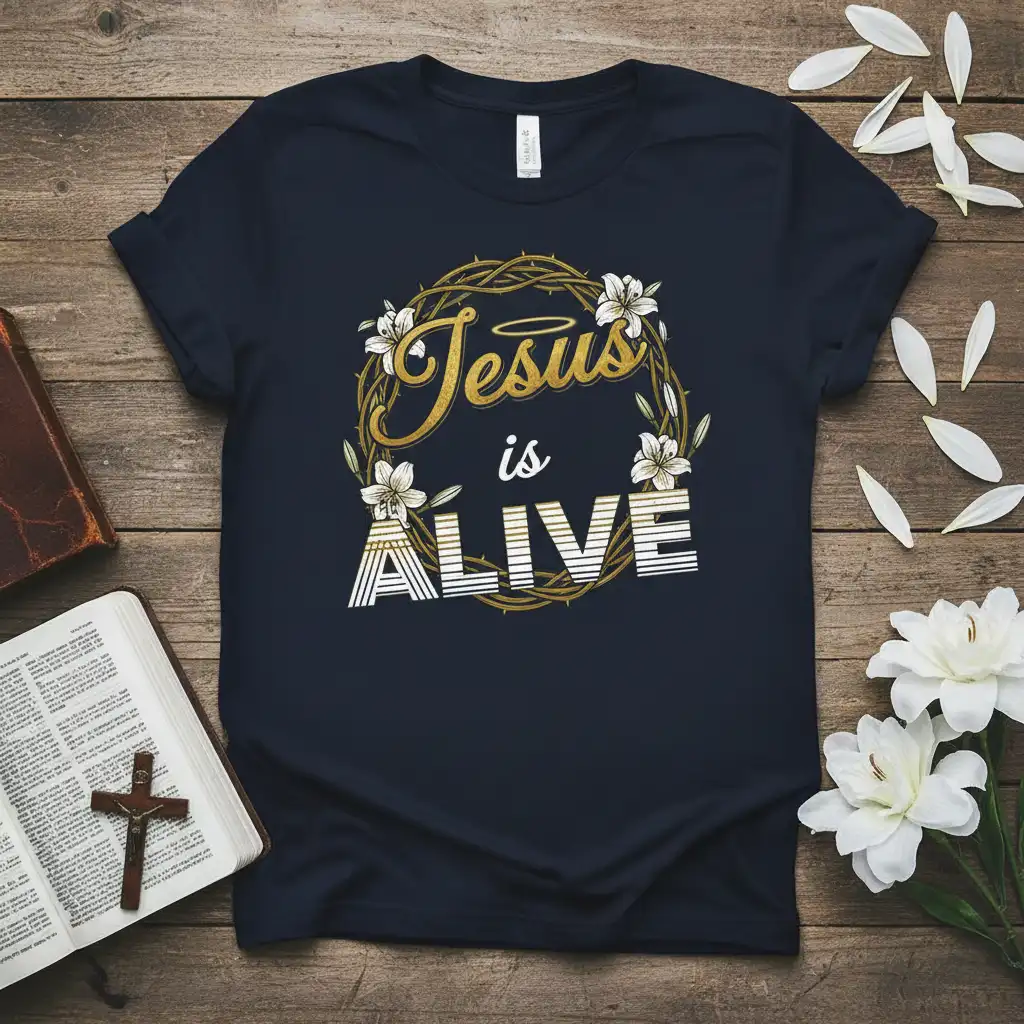Jesus is ALIVE Christian t-shirt featuring gold script text and floral wreath design