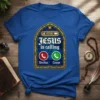 Jesus is calling t-shirt with stained glass design, featuring decline and accept call buttons
