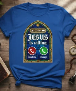 Jesus is calling t-shirt with stained glass design, featuring decline and accept call buttons