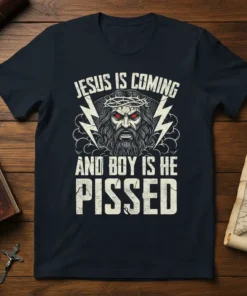 Jesus Is Coming And Boy Is He Pissed t-shirt design featuring a stern depiction of Jesus with a crown of