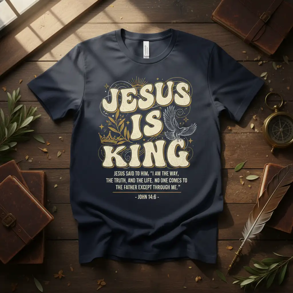 JESUS IS KING JESUS quote printed with bold typography on quality cotton blend t-shirt design