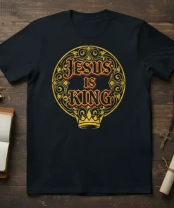Jesus Is King text design with ornate gold border and crown graphic on a navy t-shirt