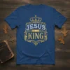 Jesus Is King t-shirt with ornate gold crown and decorative border, featuring white and gold text