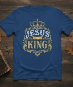 Jesus Is King t-shirt with ornate gold crown and decorative border, featuring white and gold text