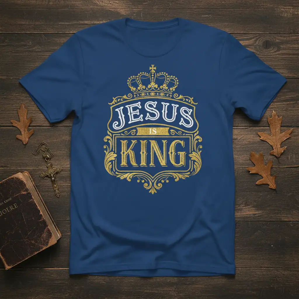 Jesus Is King text design with gold crown and ornate flourishes on a navy blue t-shirt