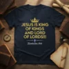 Christian t-shirt with gold glitter text "Jesus Is King Of Kings And Lord Of Lords!!!" and "Revelation 19:16" below a